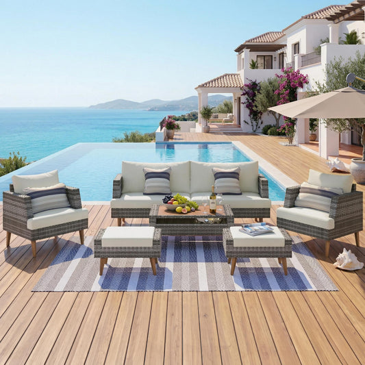 6-Piece Outdoor Sofa Set Wicker Gray+Beige with Cushioned Seating for Patio and Garden Lounge Areas