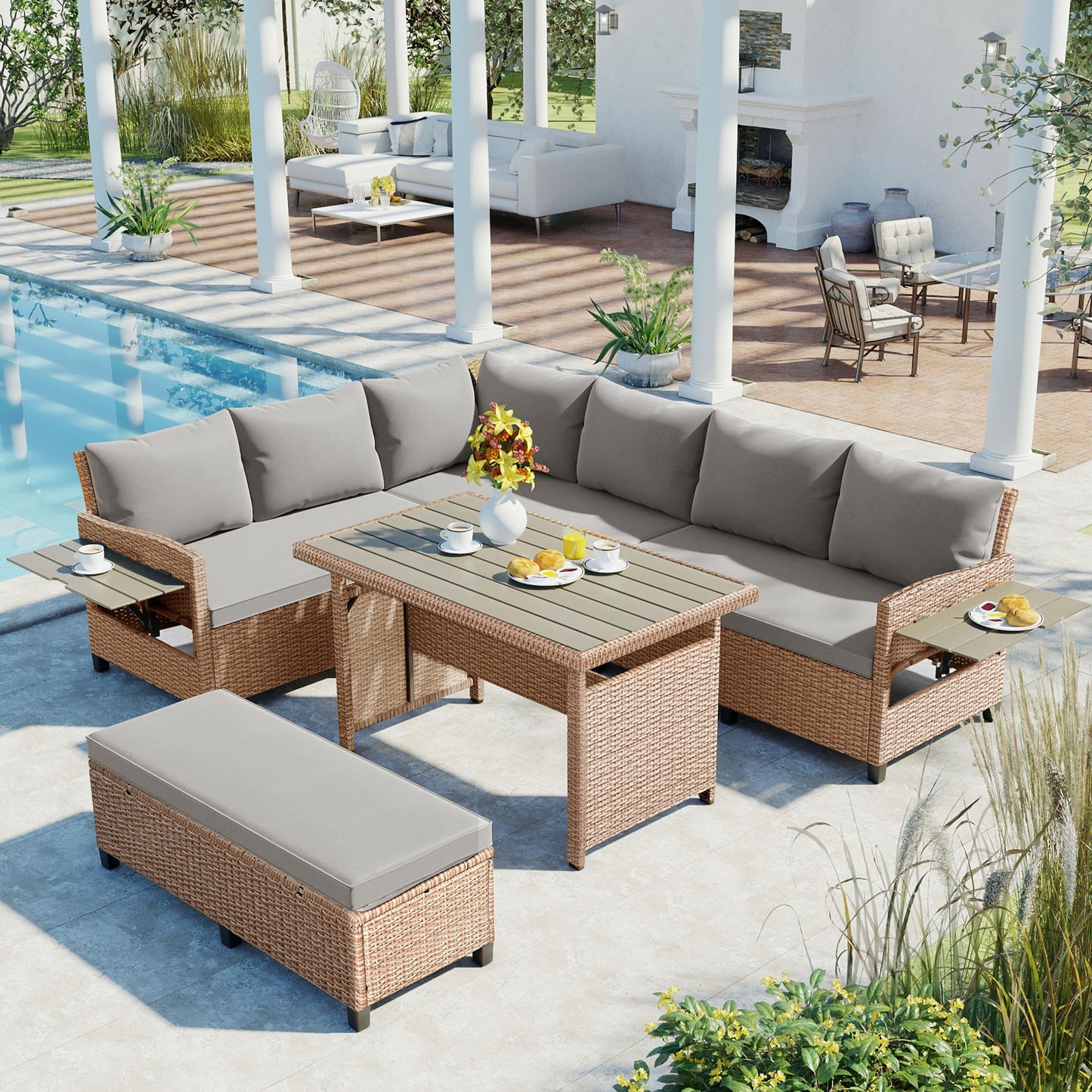 5-Piece Outdoor Patio Rattan Sofa Set, Sectional PE Wicker L-Shaped Garden Furniture Set with 2 Extendable Side Tables,