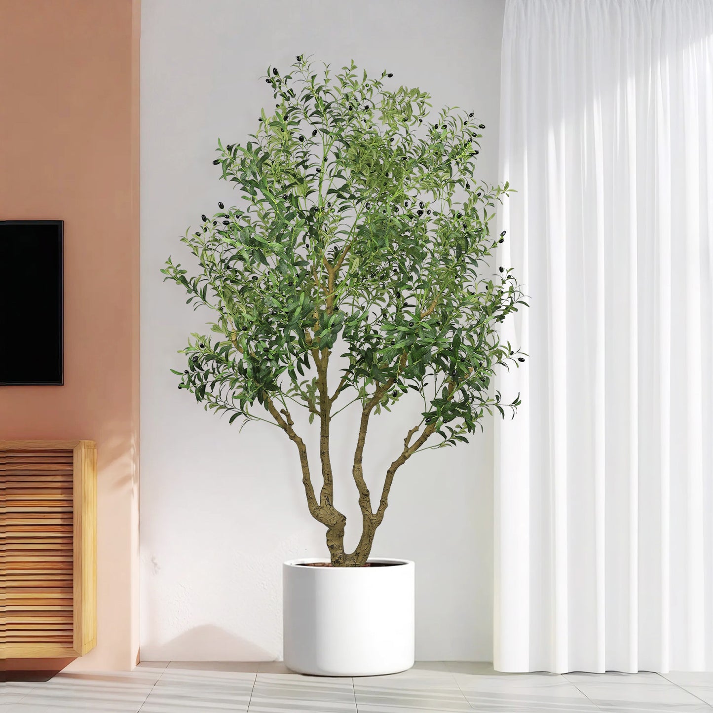 8FT Tall Artificial Olive Tree - Large Faux Potted Tree with Natural Trunk and Lifelike Olive Leaves and Fruit, Elegant Indoor/Outdoor Decorative Plant for Living Room, Office or Entryway, 1pc/set