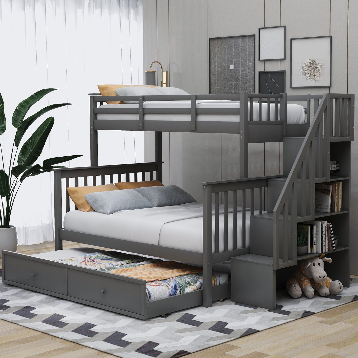 Stairway Twin-Over-Full Bunk Bed with Twin size Trundle and Storage