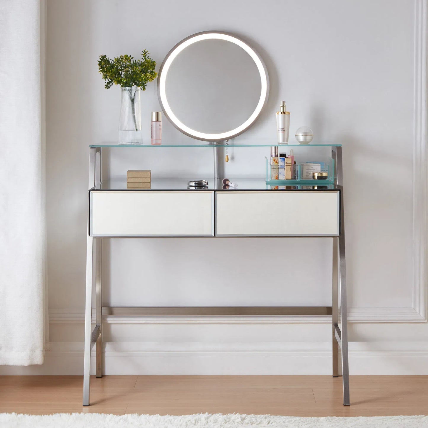 33.9" Mirrored Makeup Vanity Desk with Mirror and Lights, Mirrored Console Vanity Table with 2 Big Drawers & Open Shelf, Dressing Table with Charging Station for Bedroom, Silver