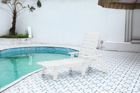 Lounge Chair Outdoor with Wood Texture, Oversized Chaise Lounge Chair with 5 Positions, HDPE, Patio Lounge Chair with Wh
