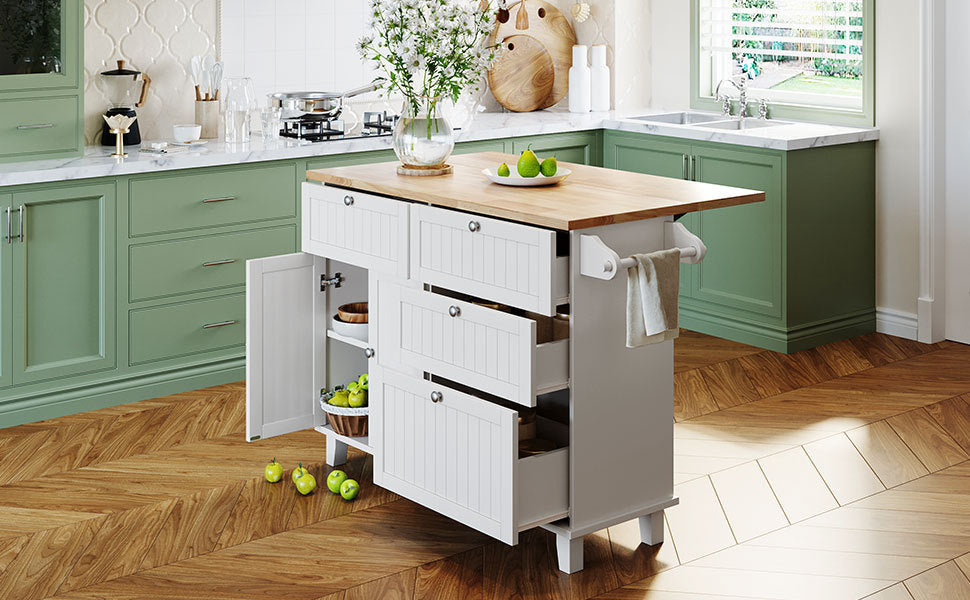 Farmhouse Kitchen Island Set with Drop Leaf and 2 Seatings,Dining Table Set with Storage Cabinet, Drawers and Towel Rack, White+Rustic Brown