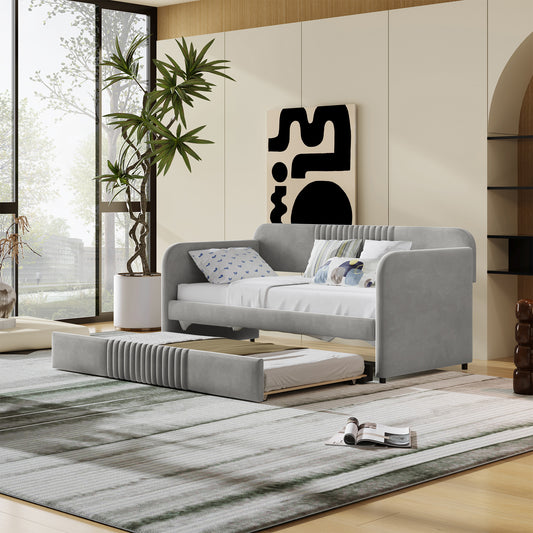 Sofa Bed Twin Gray Upholstered with Trundle and Sleeper Function for Bedroom and Guest Room