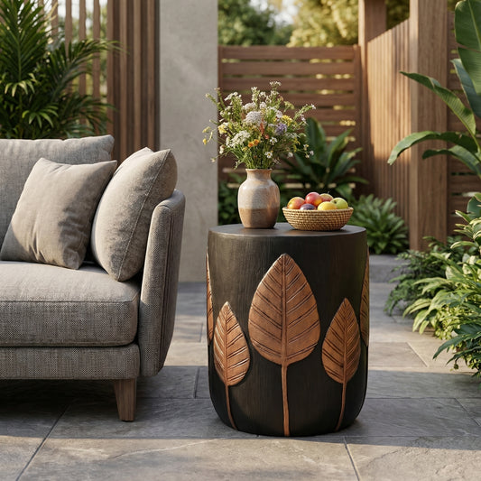 Outdoor Lightweight Concrete Side Table – Boho Copper Finish Accent Table, Patio & Indoor Decorative End Table