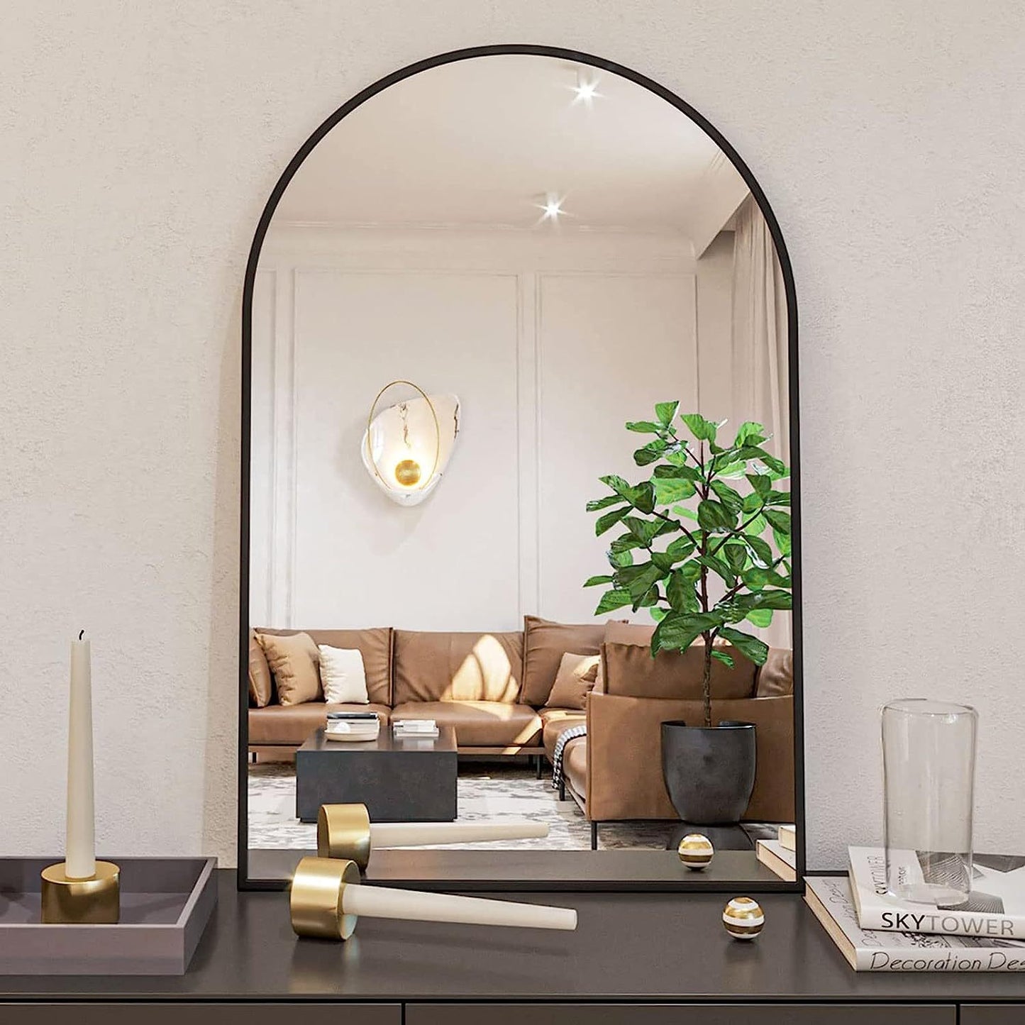 Arched Metal Frame Wall Mirror – 24" x 36" Modern Bathroom Vanity Mirror, Decorative Arch Mirror