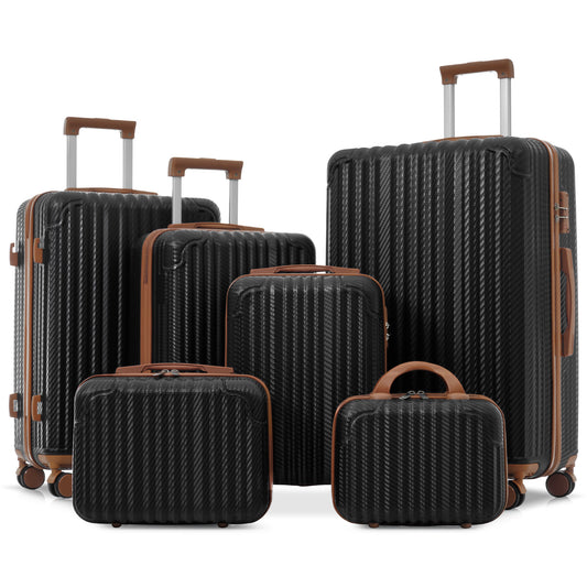 Black Brown and Ice Blue 6-Piece ABS Hardshell Carry-On Luggage Set with TSA Lock, Spinner Wheels, Side Hooks