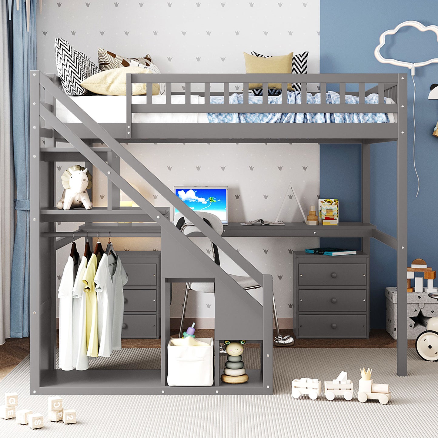 Full Size Loft Bed with Two Chest of Drawers, Desk and Light Strip