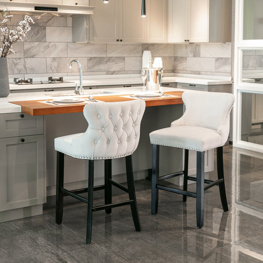 Bar Stools Set of 2 Multiple Color Options Velvet Contemporary with Tufted Detail for Dining Room or Kitchen Seating