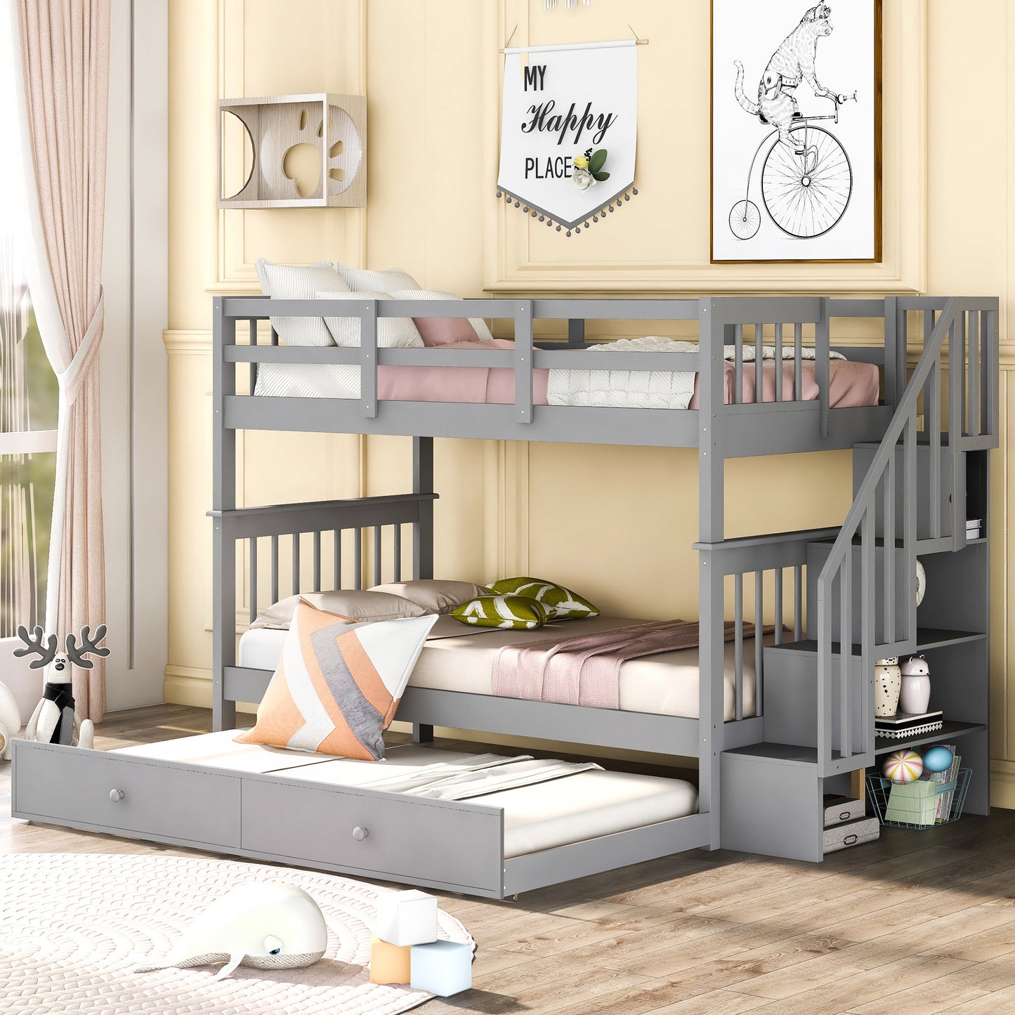 Stairway Twin-Over-Twin Bunk Bed with Twin size Trundle for Bedroom,Dorm and Adults
