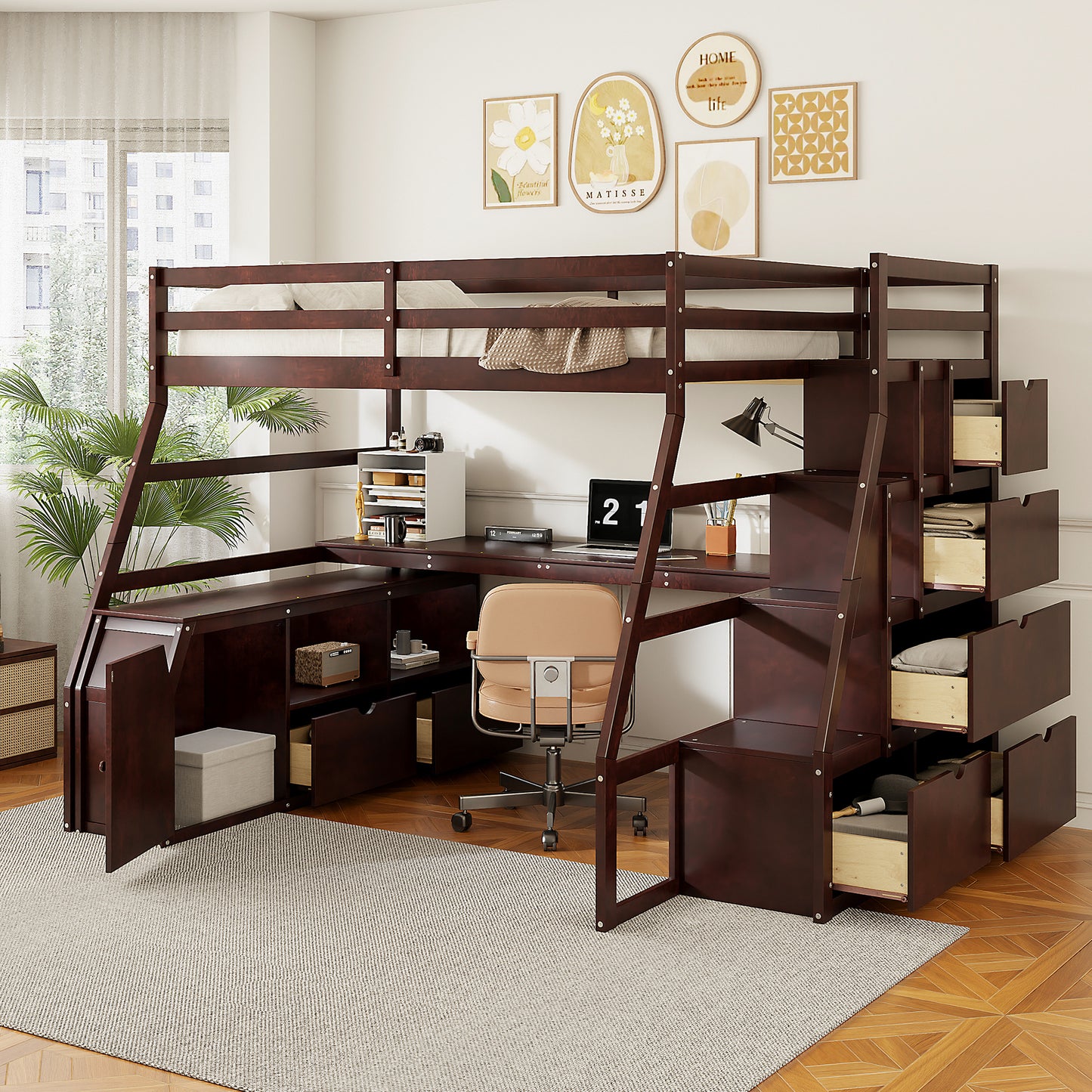 Full Size Loft Bed with 7 Drawers 2 Shelves and Desk