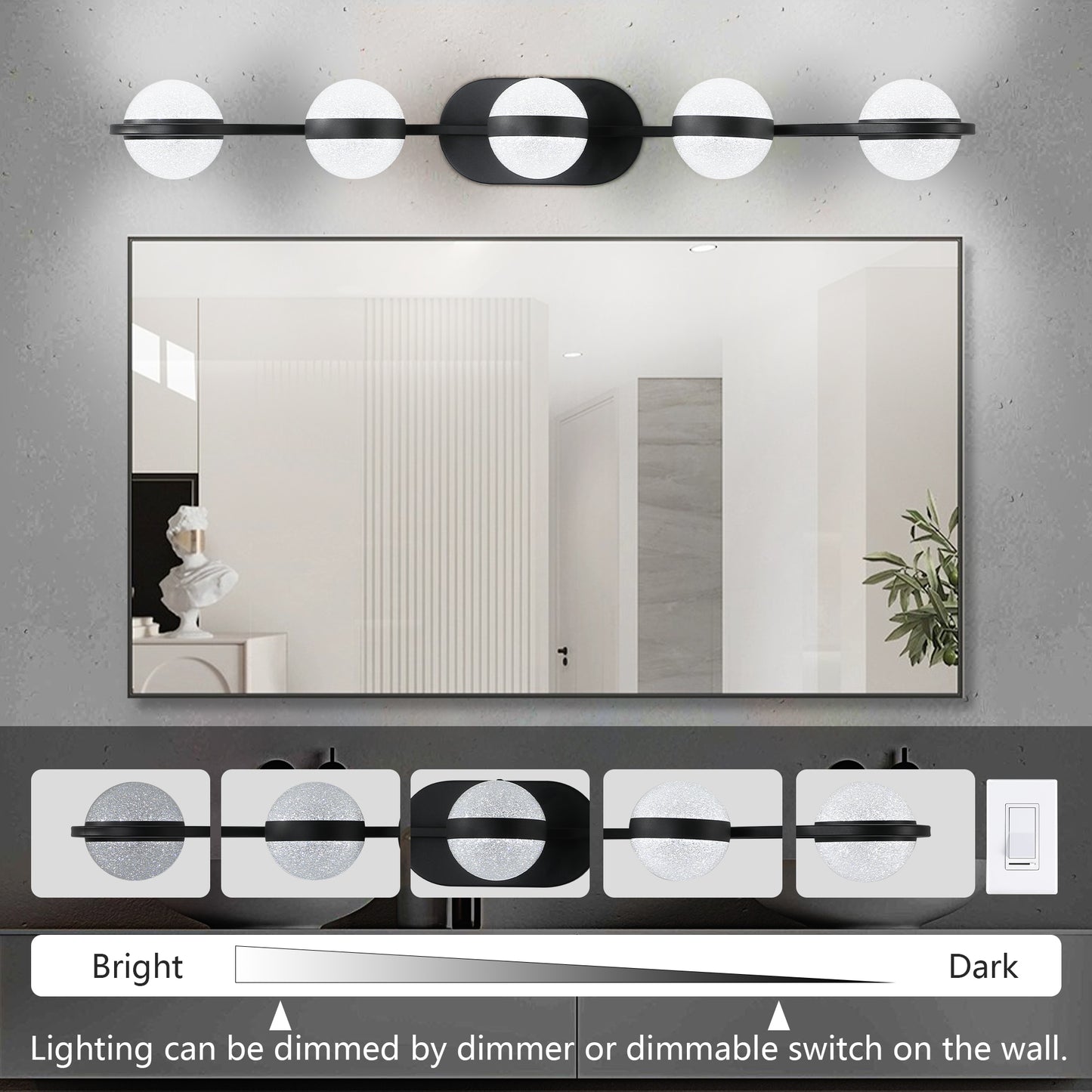 (NEW SKU:W1340P206793)Modern Minimalist Bathroom Vanity Light, LED 5 Bulb Frosted Glass Shades, Wall Mounted Decorative Lighting Fixture, Suitable for Bathroom Vanity Mirror (Black)