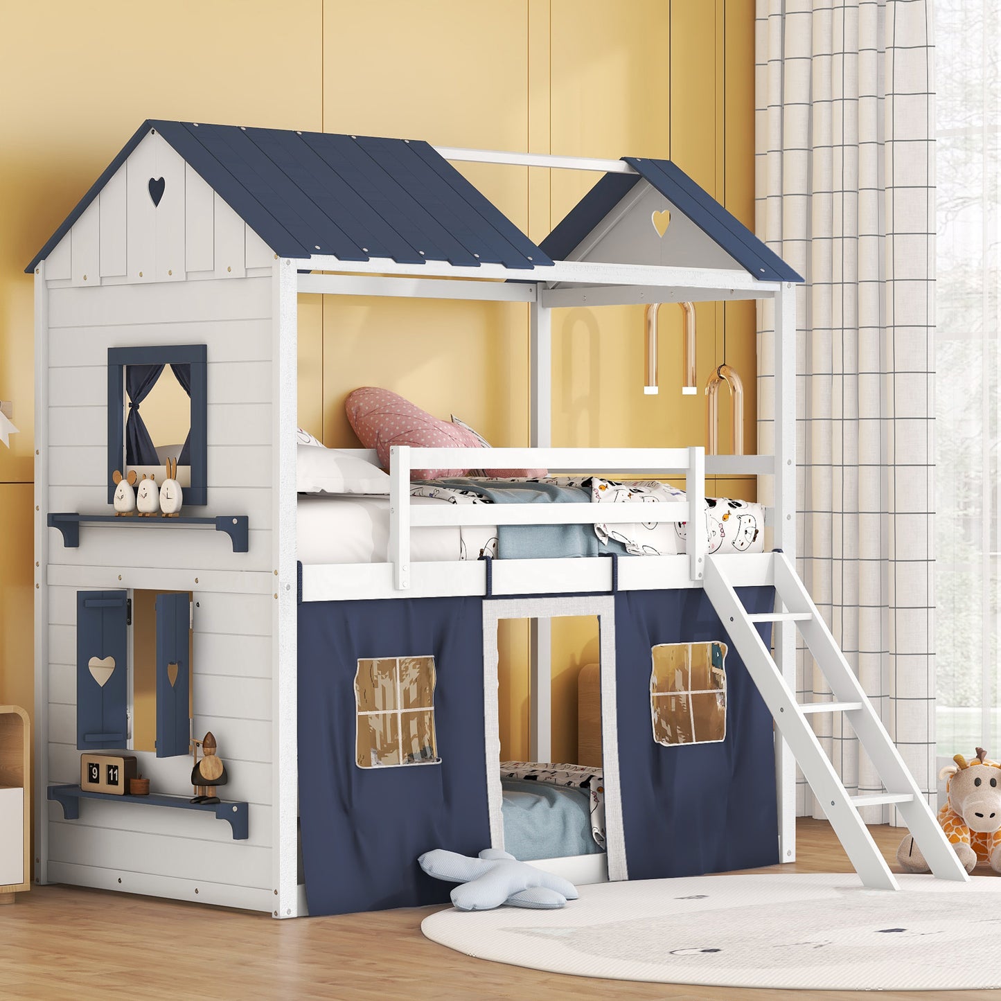 Twin Size Bunk Wood House Bed with Elegant Windows, Sills and Tent