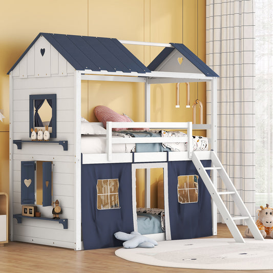 Bunk Bed, Twin Size, Solid Wood and MDF with House Frame and Roof and Window Details for Shared Bedroom or Guest Room