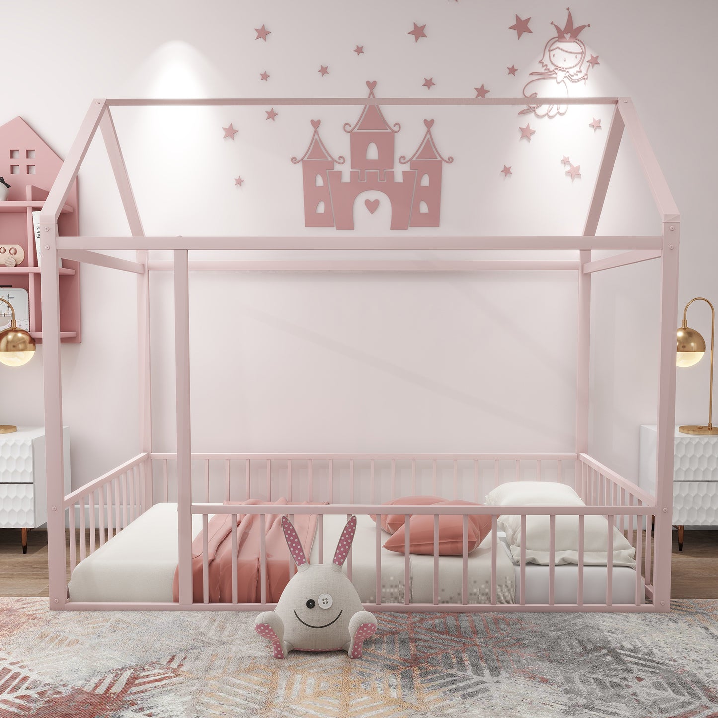 Metal Bed House Bed Frame with Fence, for Kids, Teens, Girls, Boys