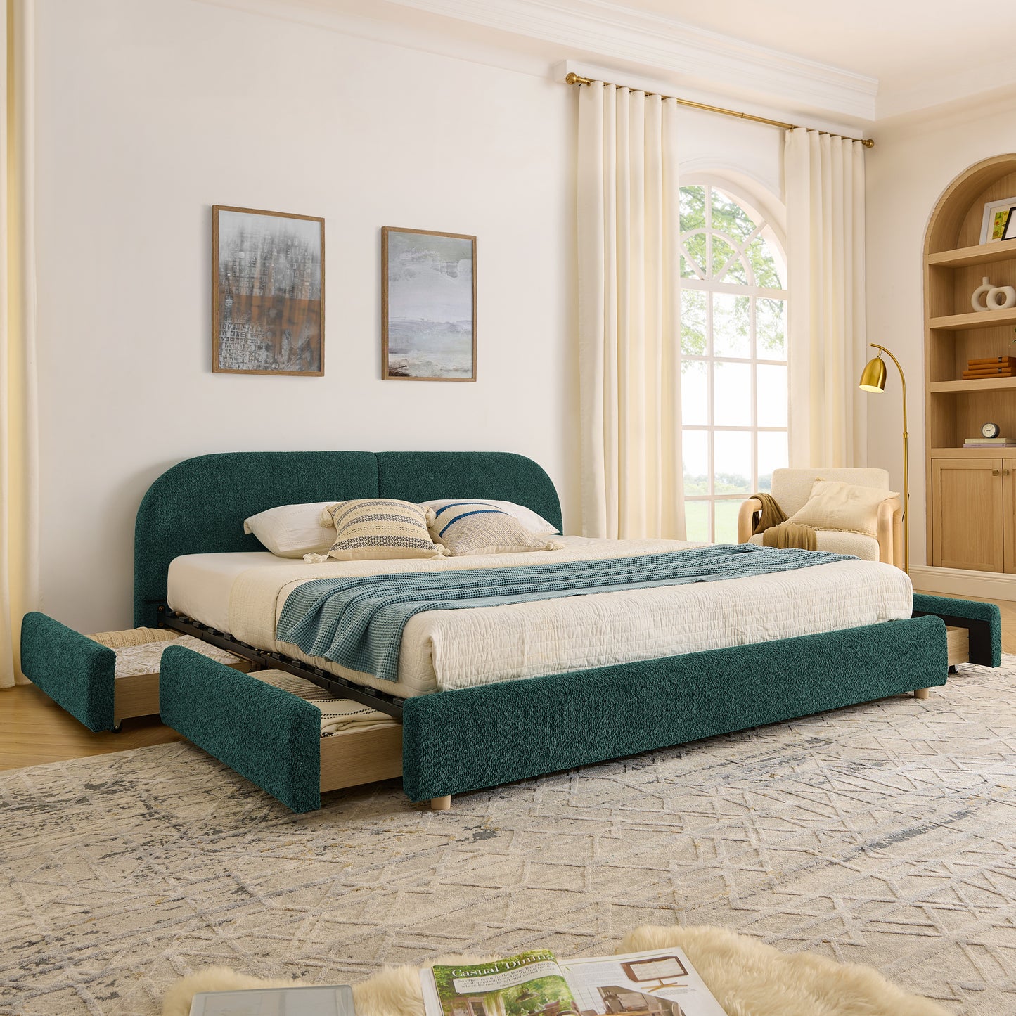 Upholstered Bed Frame Modern Minimalist Style - Circle Yarn Fabric, Tall Curved Headboard, Sturdy Leg Support & Wheeled Drawer Storage, Mattress Not Included