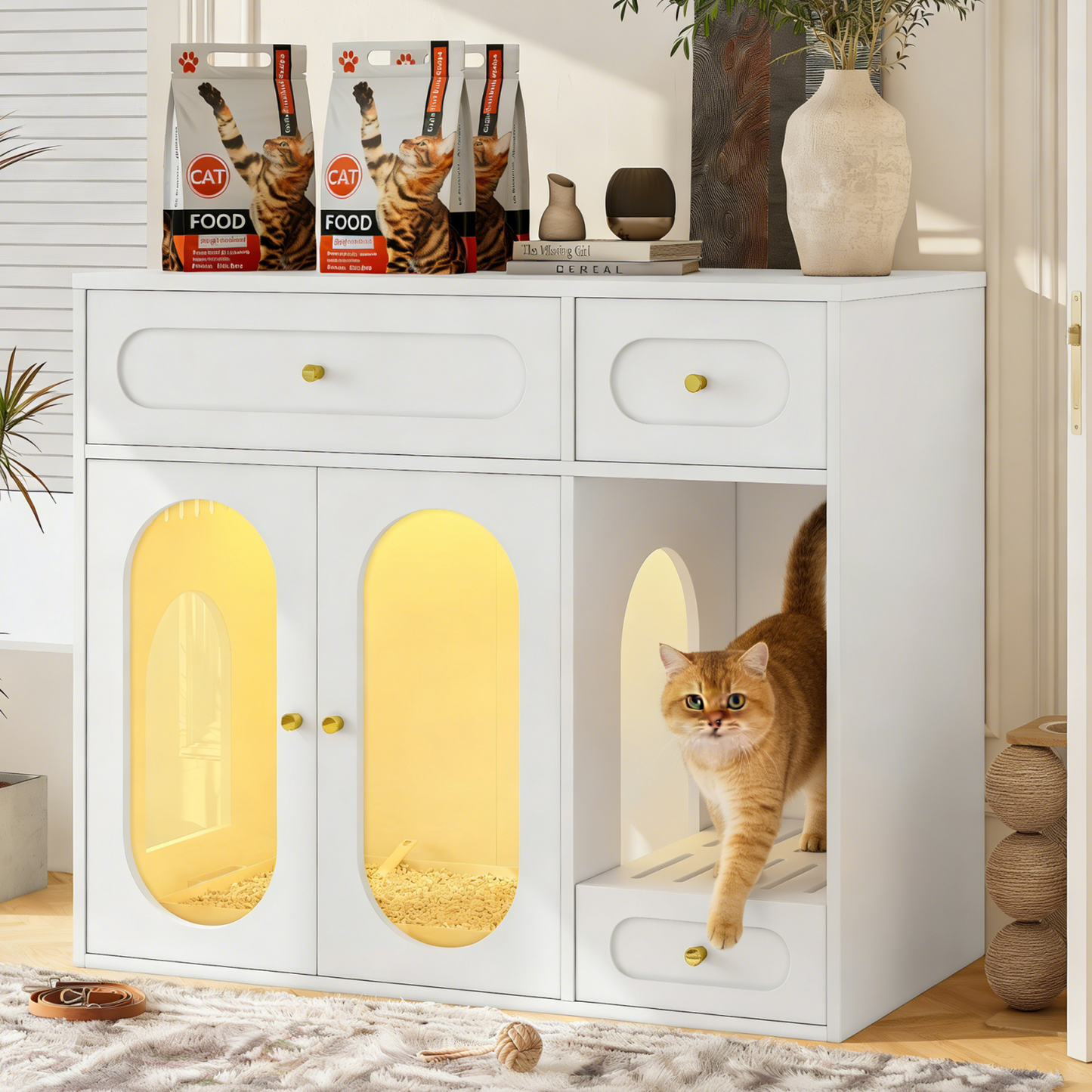 Hidden Cat Litter Box Enclosure with LED Light – Modern Pet Furniture Cabinet with Storage Drawers