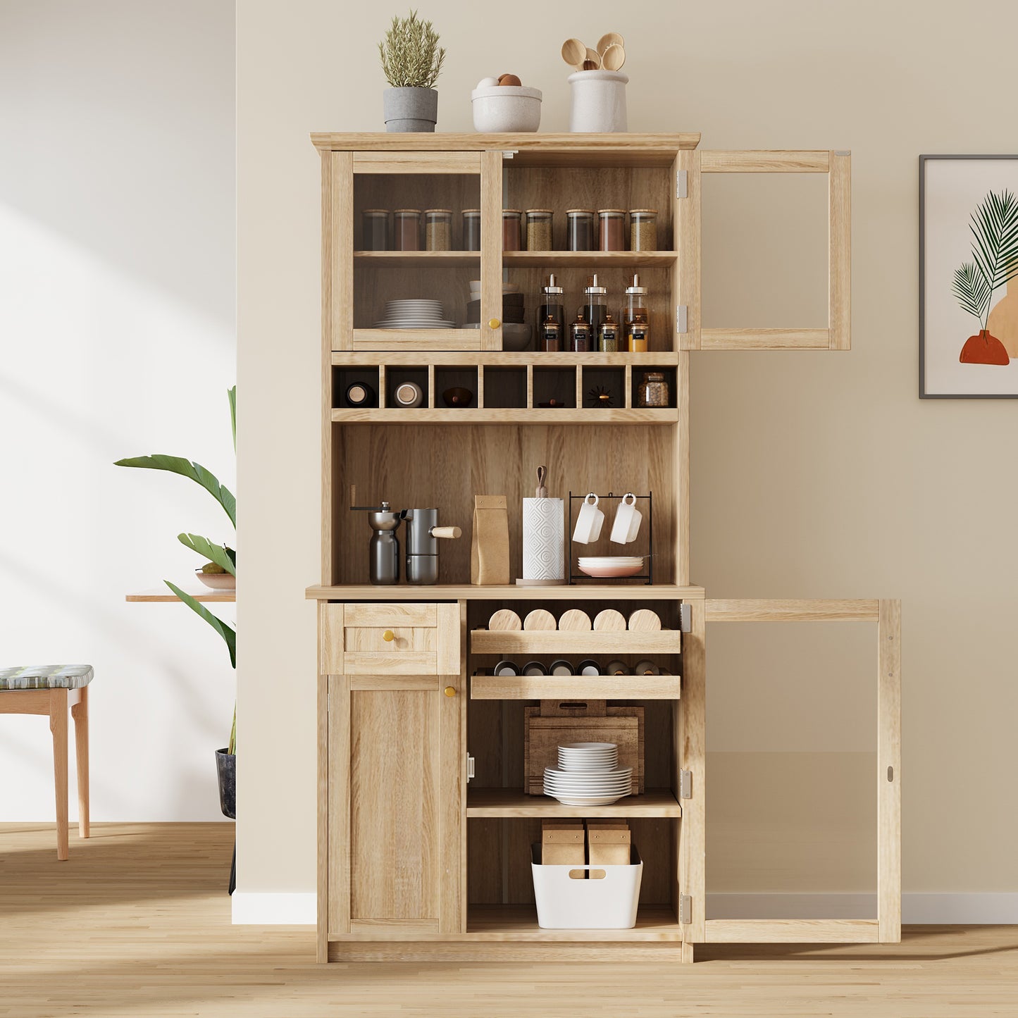 Farmhouse 35.4x17.7x74.8inch Freestanding Buffet with Hutch, Tall Kitchen Pantry Storage Cabinet with Wine Rack and Adju