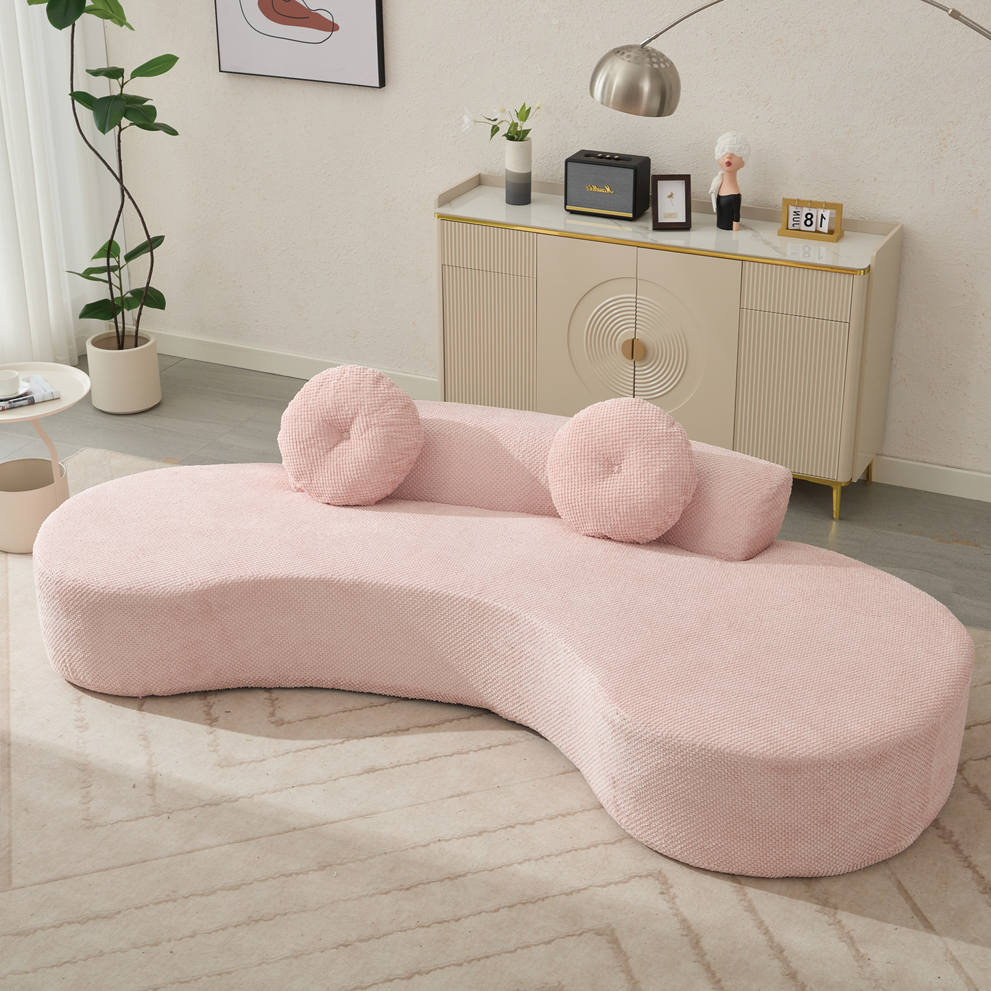 105.5''Curved Sofa, Modern Minimalist Sofa, Cloud Couch Sofa 3-4 Seater Couch with 2 Pillows,Bedroom,  No Assembly Required, Point-shaped corduroy,(Anti-Wrinkle) ,Pink