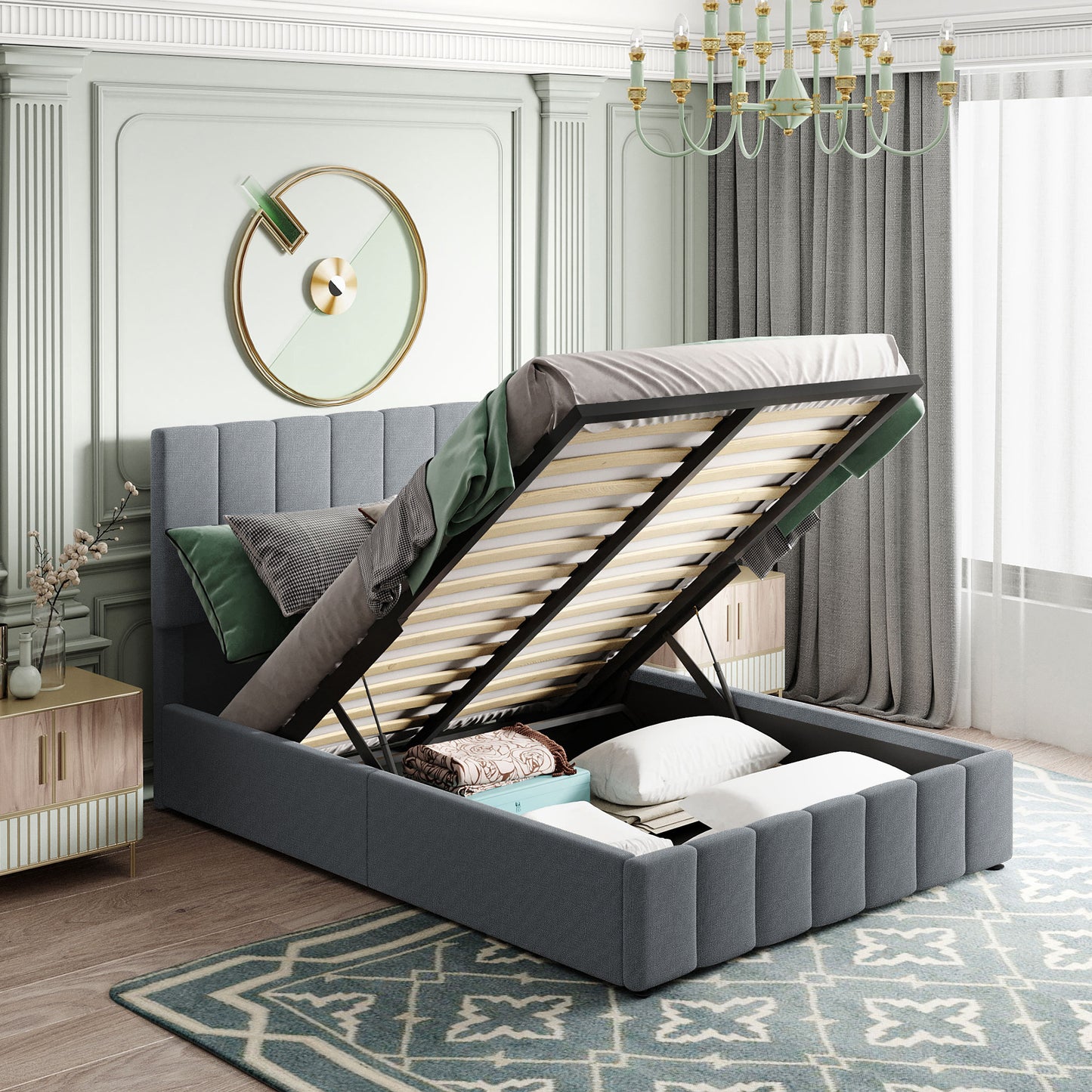 Full size Upholstered Platform bed with a Hydraulic Storage System