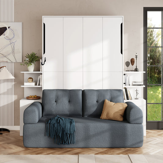 Murphy Wall Bed, Full Size, MDF, Velvet with Cabinets, Sofa Seating, and Velvet Upholstery for Bedroom or Home Office