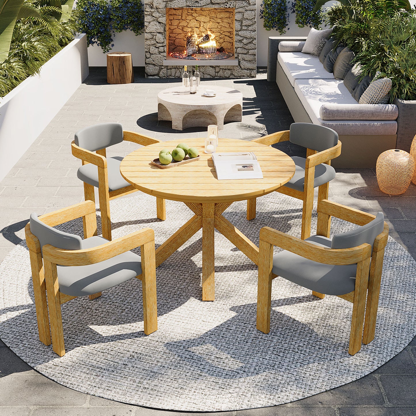 5-Piece Outdoor Acacia Wood Round Dining Set, Solid Wood Patio Table with 4 Barrel Chairs