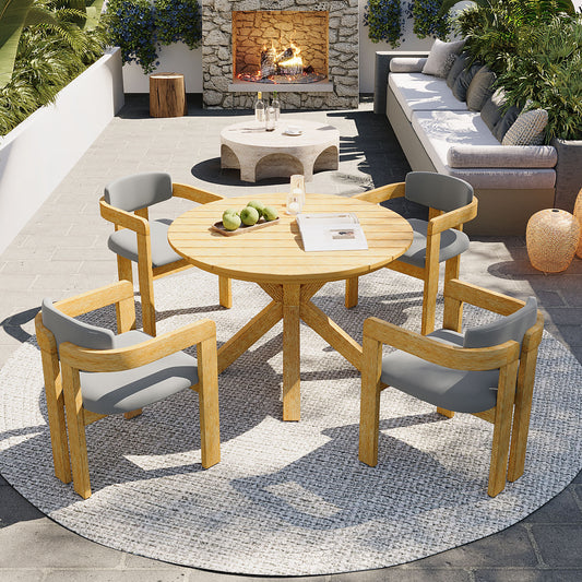 5-Piece Outdoor Acacia Wood Round Dining Set – Solid Wood Patio Table with 4 Barrel Chairs, Cushioned Armchairs, Modern Garden Dining Furniture Set for Patio Backyard