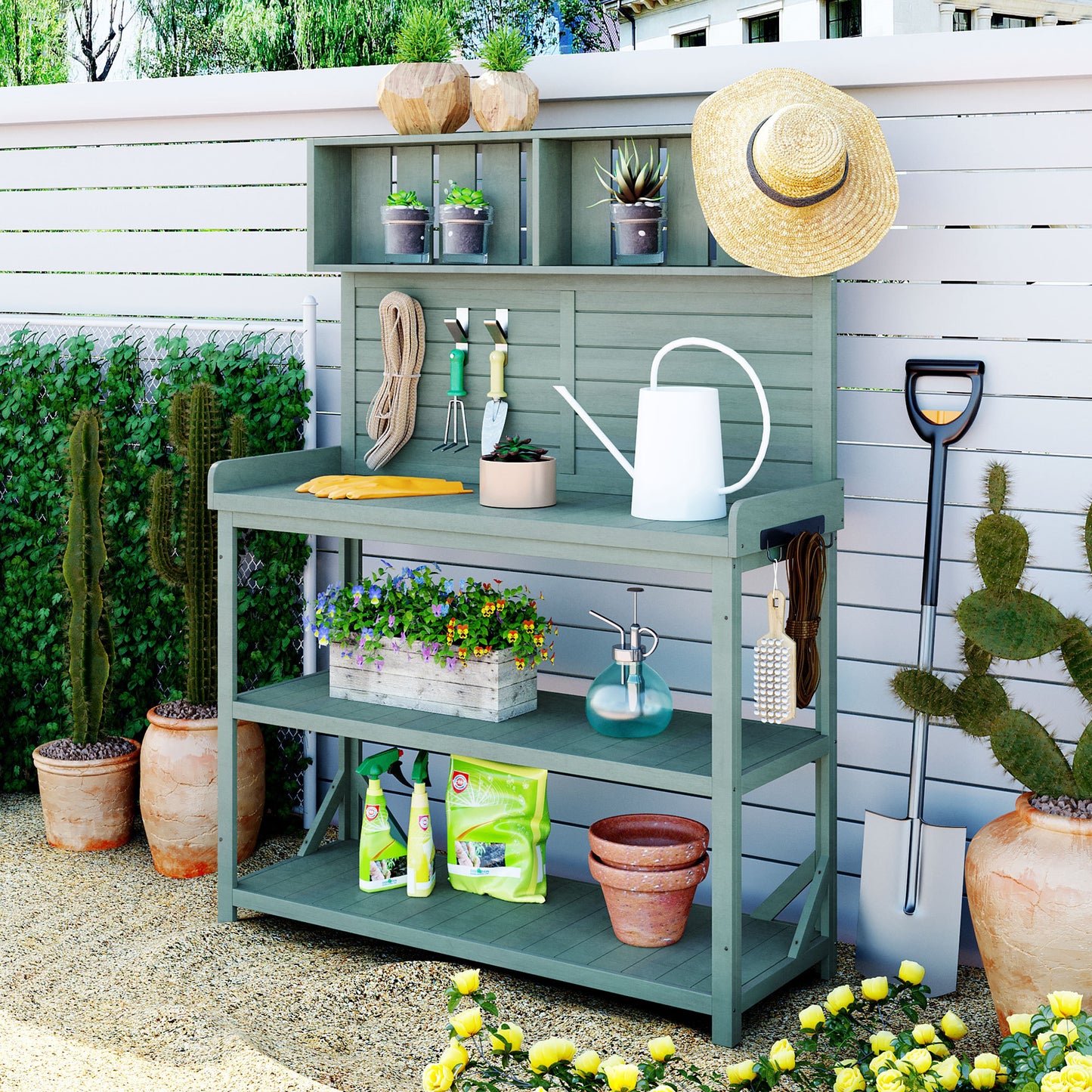 65' Large Wooden Farmhouse Rustic Outdoor Potting Bench Table, Patio Workstation, Garden Potting Bench with 4 Storage Sh
