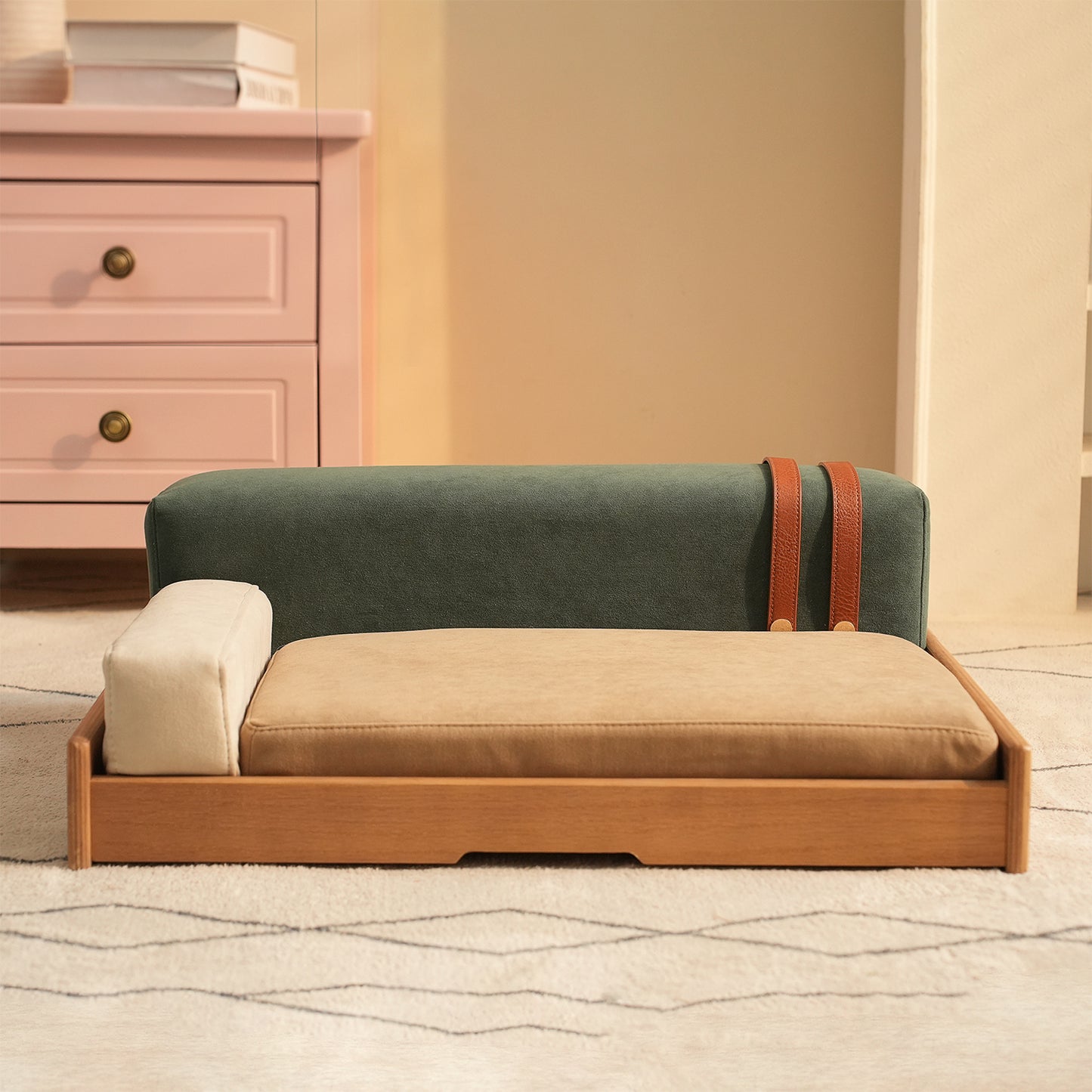 Modern Wooden Pet Bed for Cats & Dogs – Oak Veneer Frame with Scratch-Resistant Chenille Fabric & Removable Orthopedic Cushion