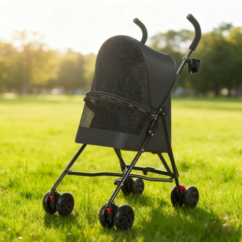 Lightweight Foldable Pet Stroller with Mesh Ventilation and Cup Holder – Travel Stroller for Small Dogs & Cats