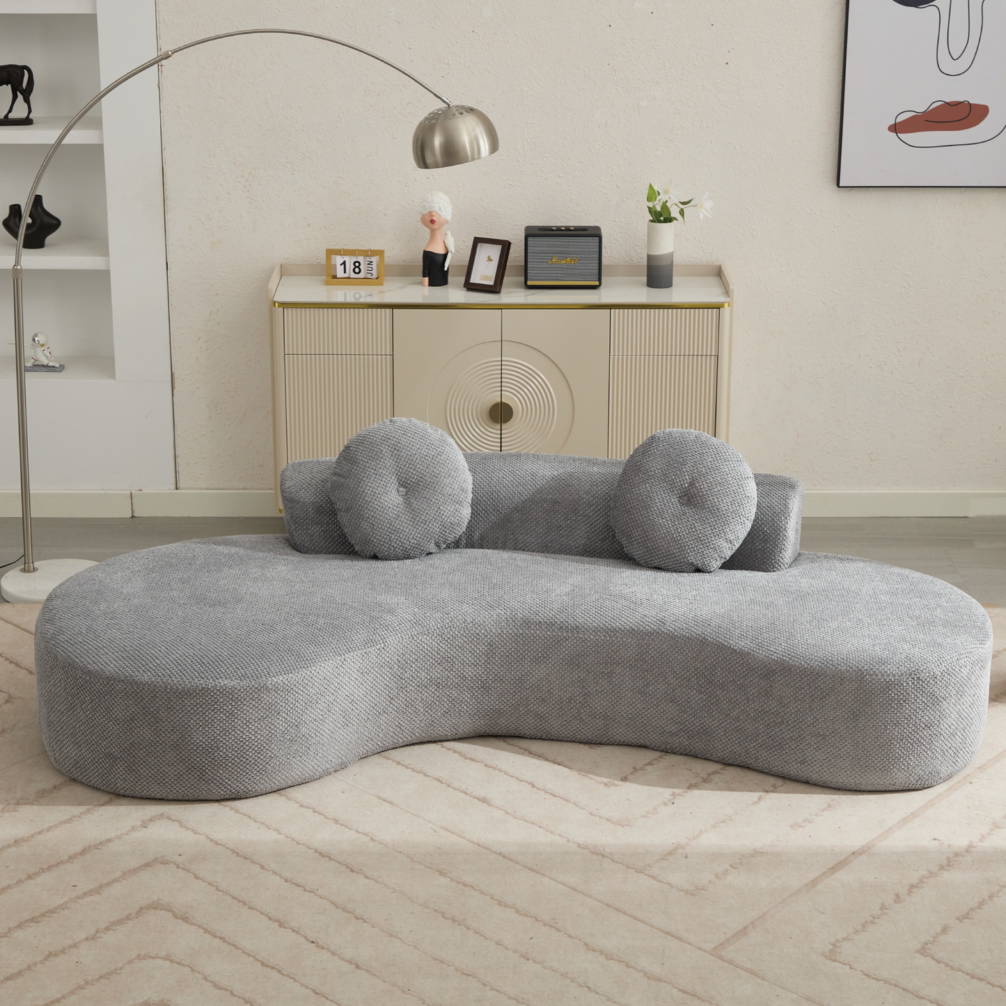 105.5''Curved Sofa, Modern Minimalist Sofa, Cloud Couch Sofa 3-4 Seater Couch with 2 Pillows,Bedroom,  No Assembly Required, Point-shaped corduroy,(Anti-Wrinkle) , Gray