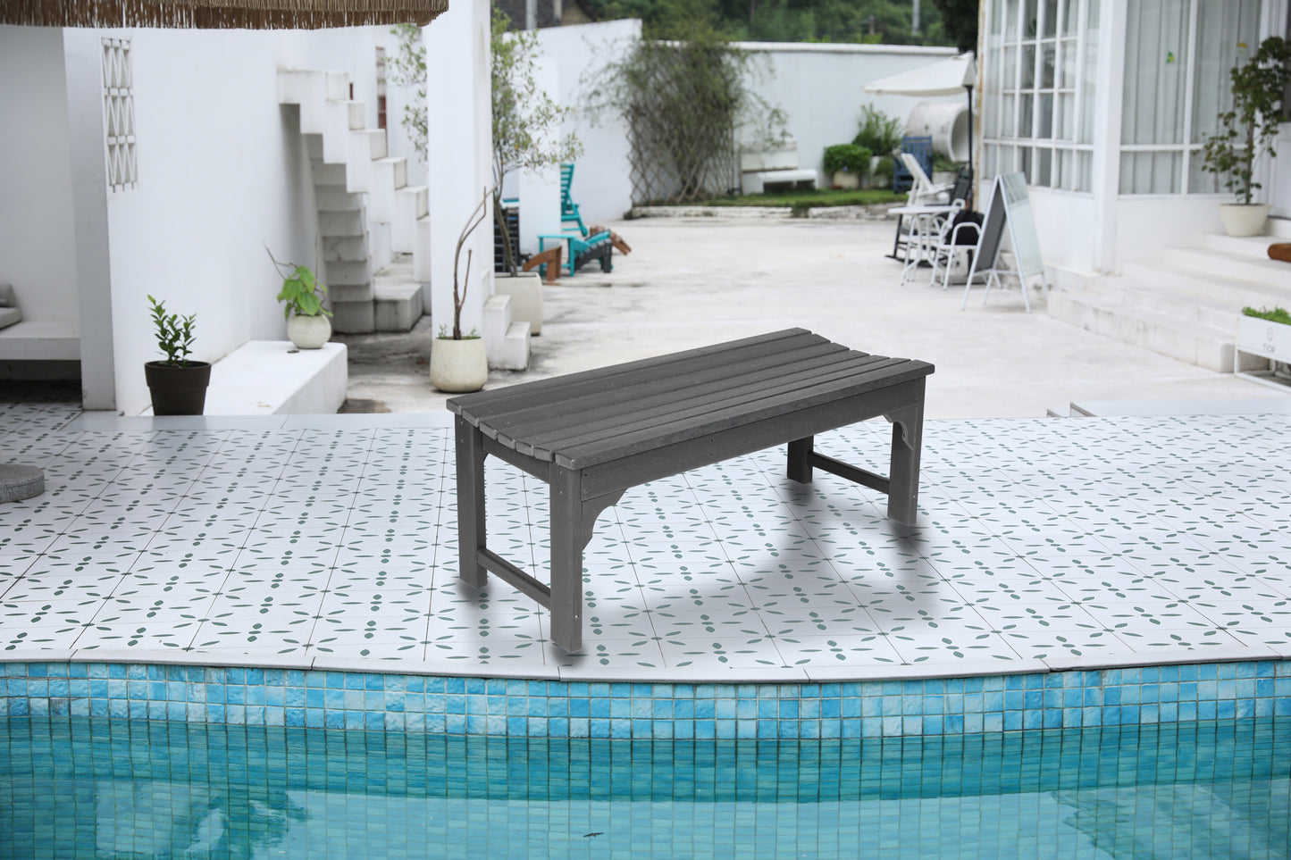 Backless HDPE Adirondack Bench with Wood Texture, Poly Lumber Seat, All Weather Resistant with UV Protection