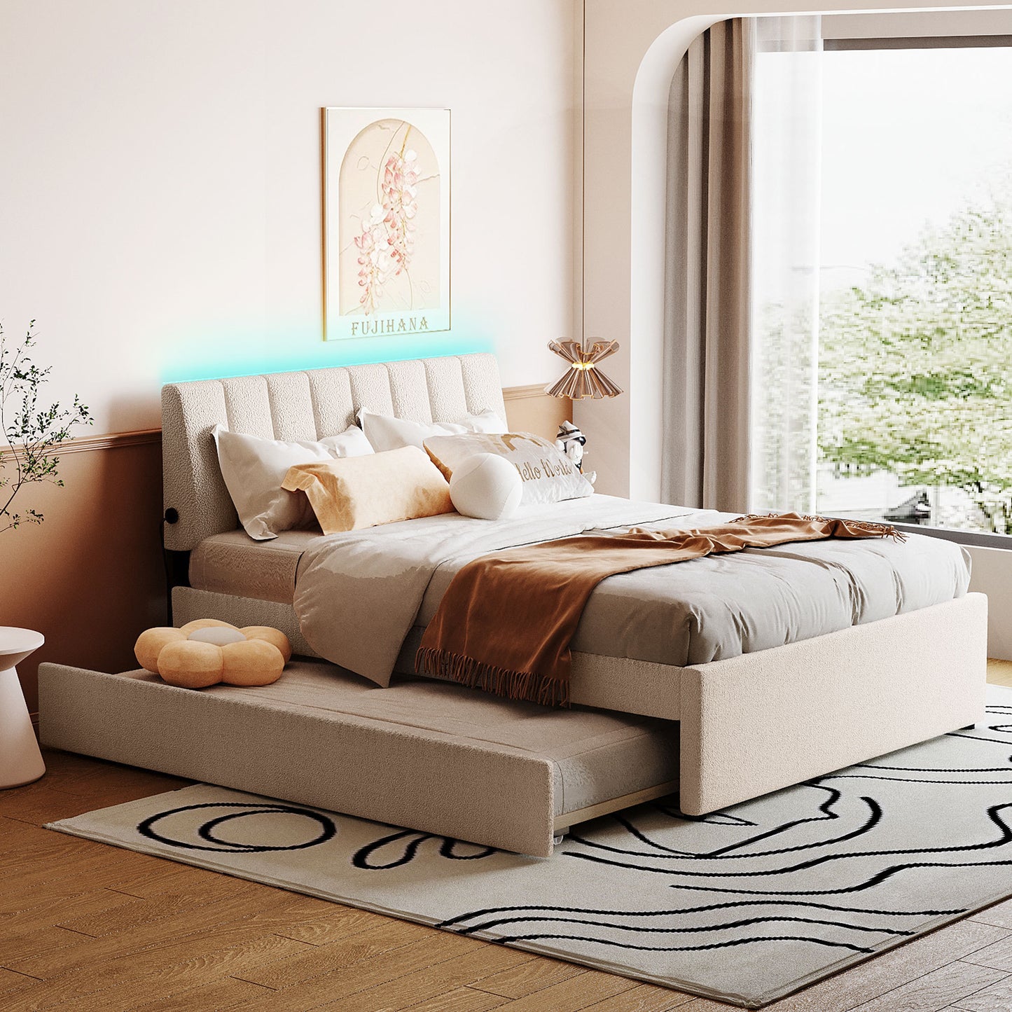 Teddy Fleece Full Size Upholstered Platform Bed with Twin size Trundle