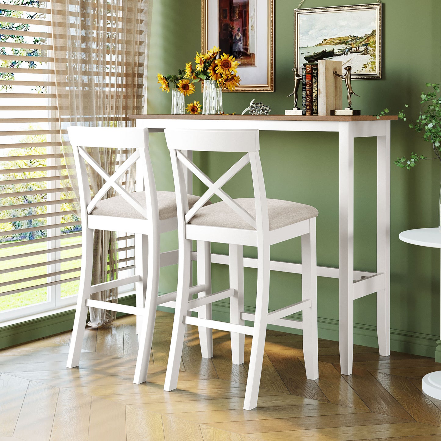 Farmhouse 48'Rectangular Wood Bar Height Dining Set Kitchen Breakfast Nook with 2 chairs for small places