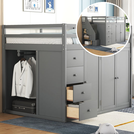 Loft Bed, Full Size, Solid Wood and MDF with Drawers, Wardrobe Storage, and Cabinets for Bedroom or Study Space