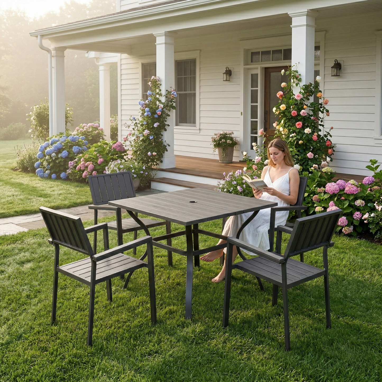 5‑Piece Outdoor Patio Dining Set, 4 Metal Chairs (350 lbs Capacity) +