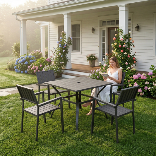 5-Piece Square Patio Dining Set with 37.8-Inch Wood-Grain Table and 4 Metal Chairs