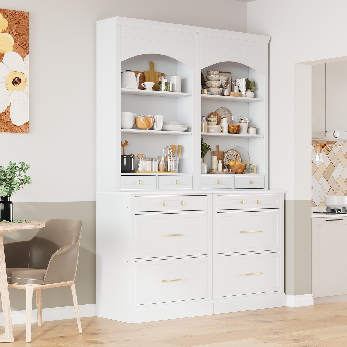 Modern 83.7inch High Kitchen Pantry, Freestanding Tall Kitchen Hutch with Faux Marble Top, Cupboard Cabinet with 5 Storage Drawers and Adjustable Shelf, Set of 2