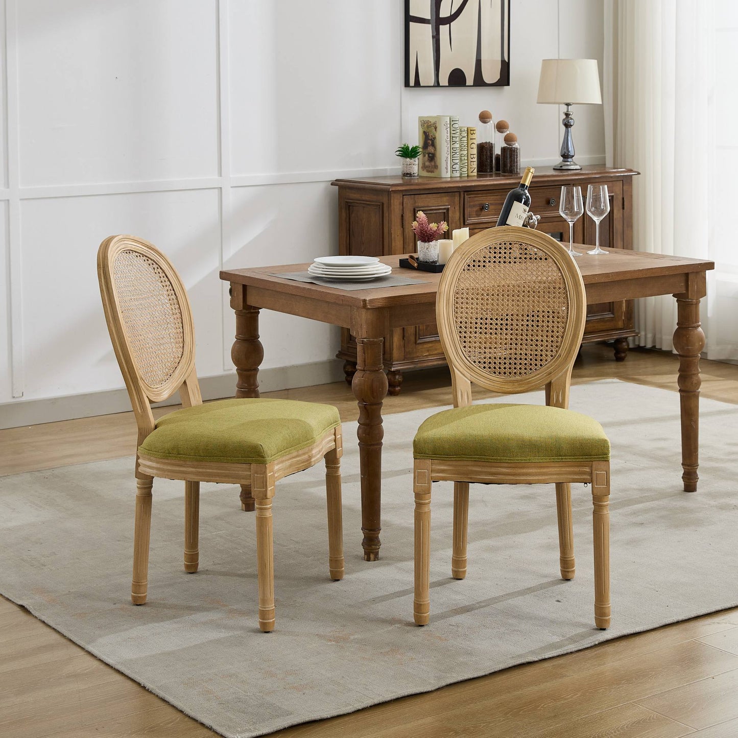 French Style Solid Wood Frame Antique Painting Linen Fabric Rattan Back Dining Chair, Set of 2