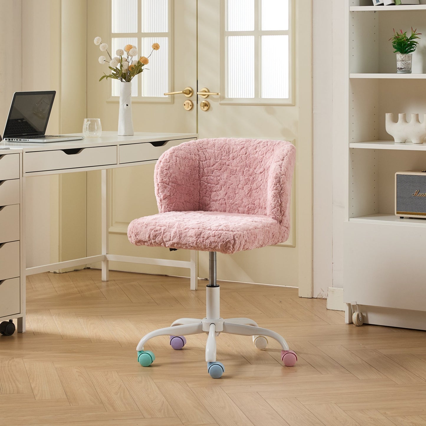 Artificial Rabbit Hair Home Office Swivel Vanity Chair with Metal Base