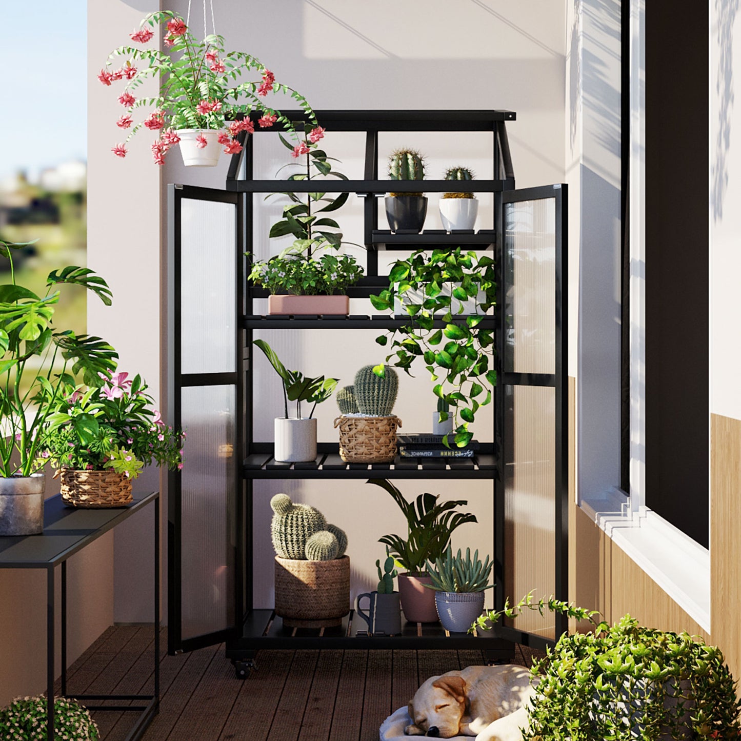 62inch Height Wood Large Greenhouse Balcony Portable Cold Frame with Wheels and Adjustable Shelves