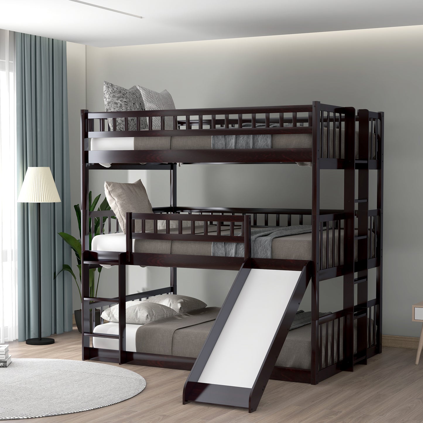 Full-Over-Full-Over-Full Triple Bed with Built-in Ladder and Slide , Triple Bunk Bed with Guardrails