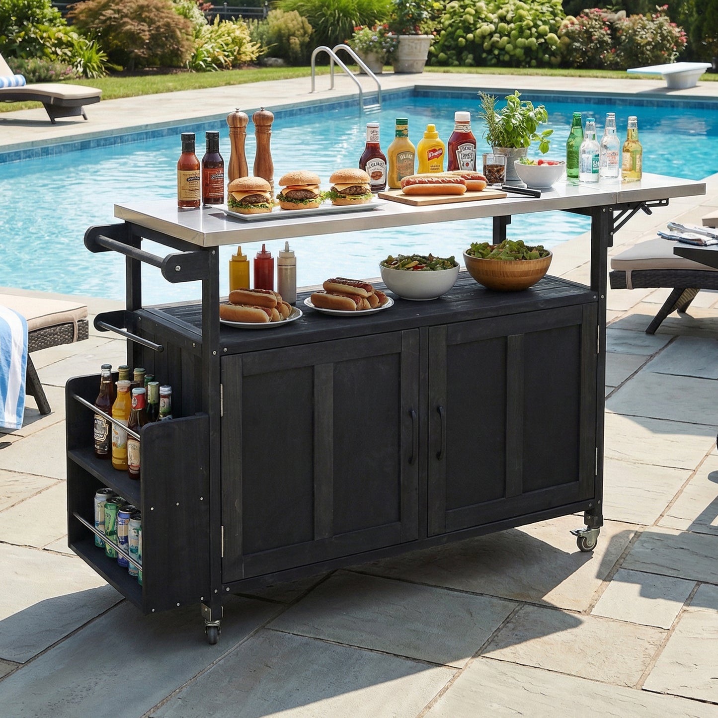 Foldable Outdoor Kitchen Island Patio Mobile Kitchen Cart Portable Outdoor Cooking Island with Lockable Wheels