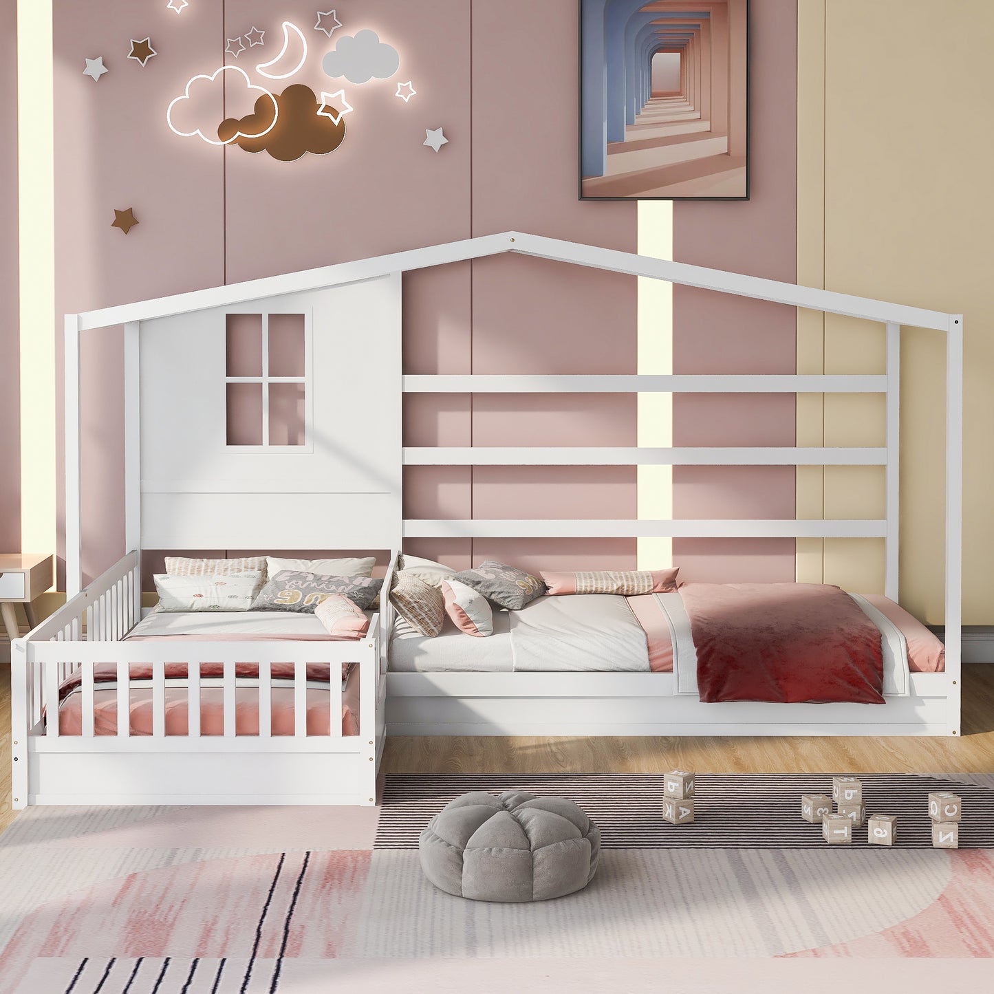Wood House Bed Twin Size, 2 Twin Solid Bed L structure with fence and slatted