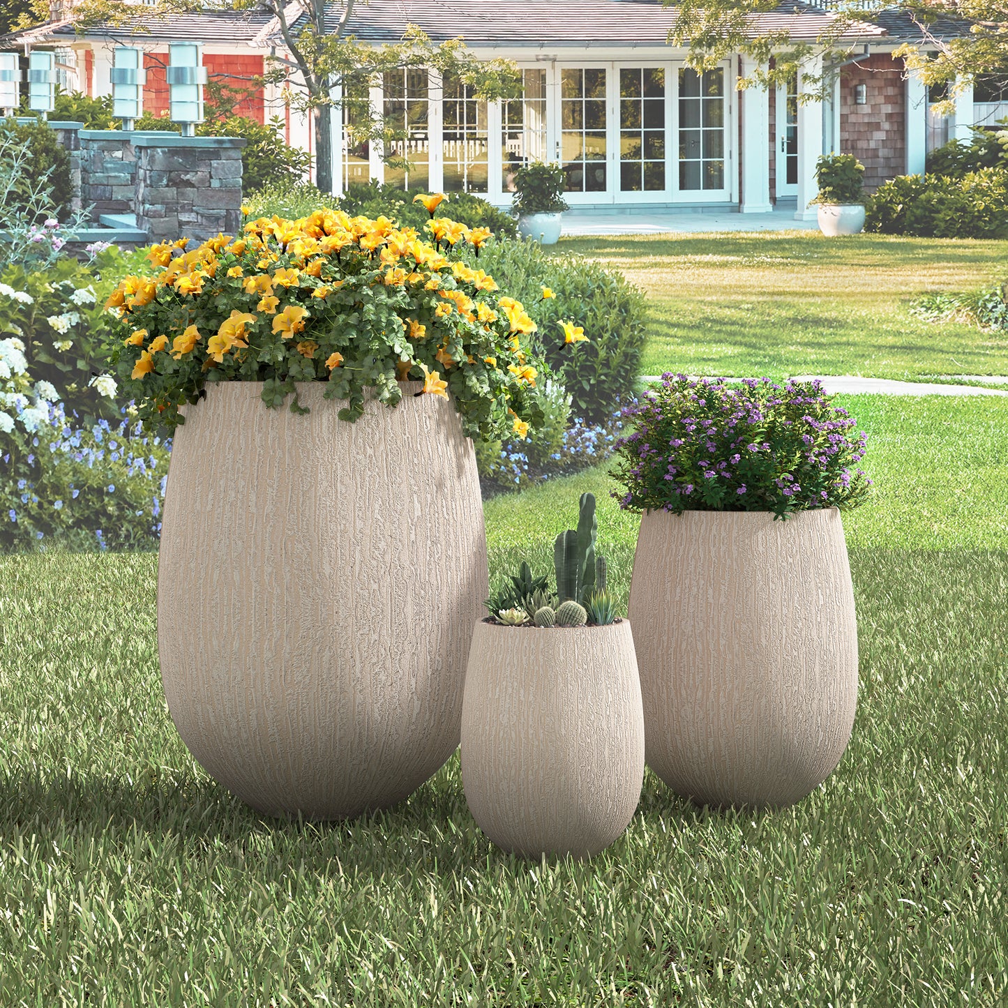 Egg-Shaped Lightweight MGO Outdoor Planter Set of 3,Modern Stone-Look Textured Flower Pots with Drainage Holes and Rubber Plug, Suitable for Patio, Garden, Poolside & Indoor