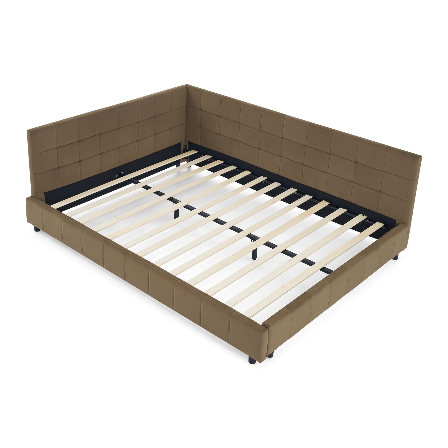 Mid-Century Velvet Queen Size Upholstered Tufted Bed Frame with Backrest and Armrests