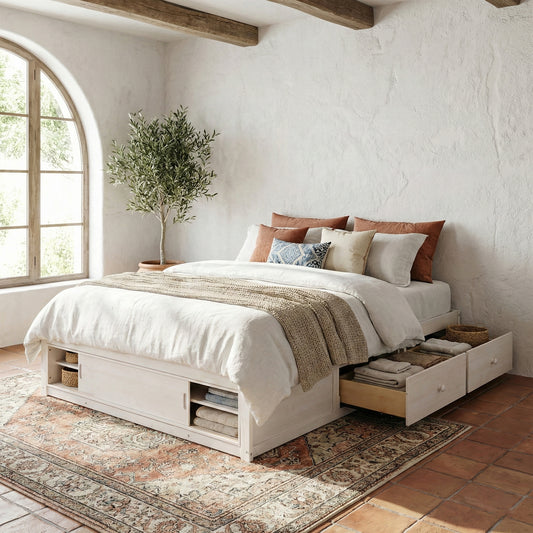 Platform Bed Frame, Solid Wood and MDF with Four Storage Drawers, Footboard Storage Cubby, and Headboard for Bedroom or Guest Room