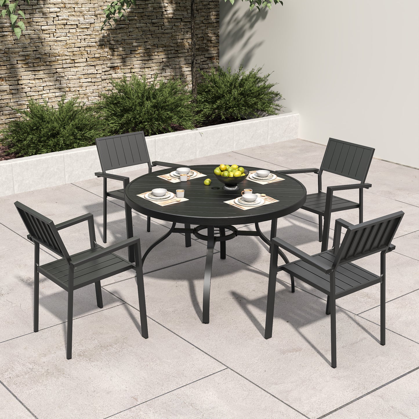 5-Piece Outdoor Patio Dining Set , 47' Round Wood-Grain Slat Table w/ Umbrella Hole + 4 Stacking Metal Chairs (350 lbs C