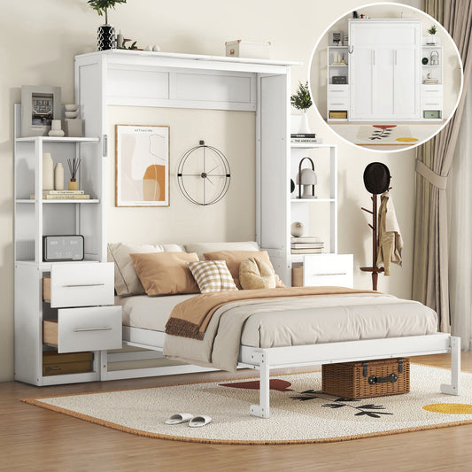 Murphy Wall Bed Full White MDF and LVL with Drawers and Shelves for Bedroom and Guest Room