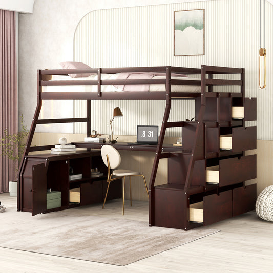 Loft Bed Twin Espresso, Gray, and White Plywood with Drawers and Shelves for Bedroom and Guest Room